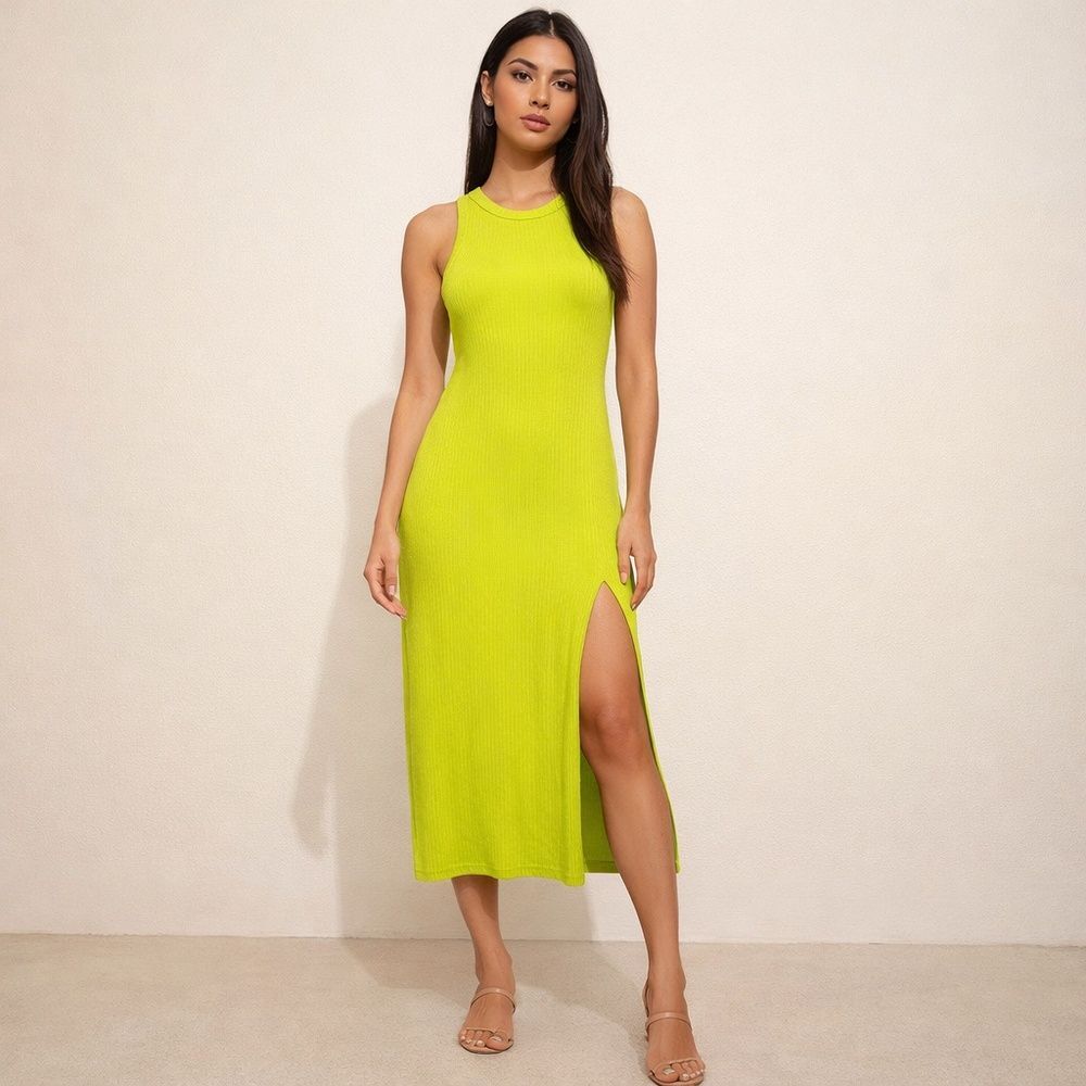 Lime Green Haute Monde Sleeveless Ribbed Midi Dress with Side Slit